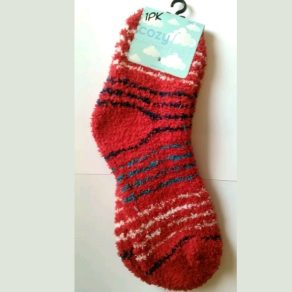** Cozy Feet Fuzzy Plush Socks Red Cream Navy Teal - Picture 1 of 8